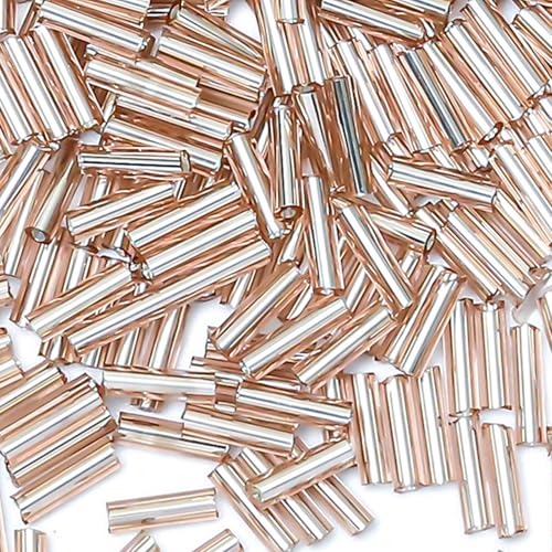 2000pcs Glass Bugle Beads, Tube Beads Bulk, Mini Long Tiny Small Waist Loose Spacer Embroidery Beaded for Bracelets Jewelry Making Sewing, Crafts, 2×6mm, Champagne Pink - color: Champagne Pink