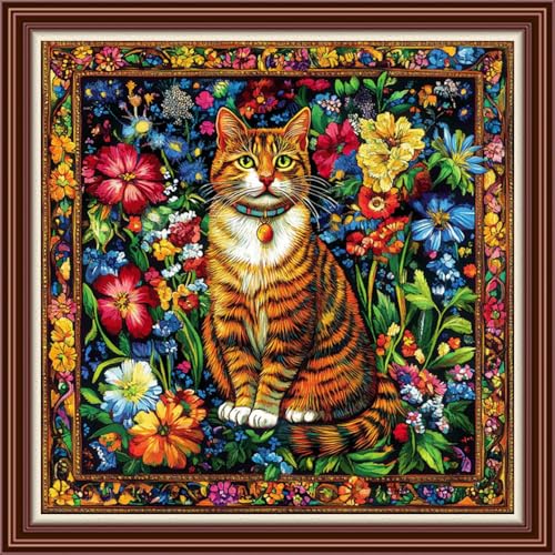 Dimensean Counted Cross Stitch Kit for Beginners, 11CT Unprinted Cross-Stitch Kit Easy Patterns Needlepoint Kit Cross Stitching Embroidery Kit Supplies-Magical Cat Flower 18x18 inch - color: DIYColor11