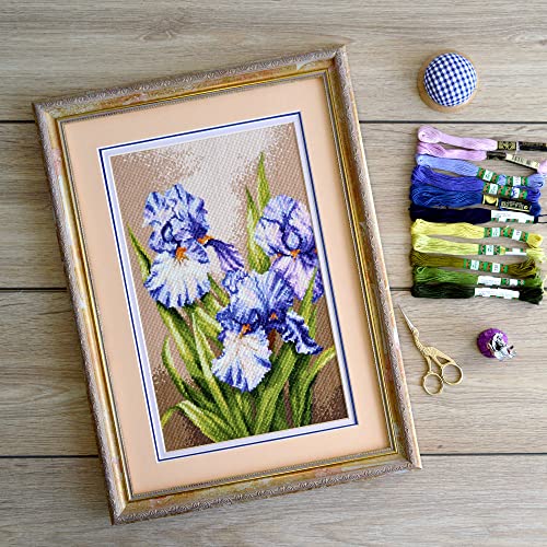 Povitrulya Counted Cross Stitch Kit ‘Purple Irises’ - DIY Hand Embroidery Set with Flower Paper Counted Pattern, Pre-Sorted Floss and 16 Count Aida Fabric - color: Purple Irises