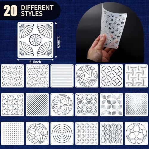 20 Pcs Sashiko Stencils 5.1 x 5.1 Inch Plastic Sashiko Template Pattern Geometric Embroidery Stabilizers Drawing Line Template for Hand Quilting Sewing - size: 5.1 x 5.1 inch