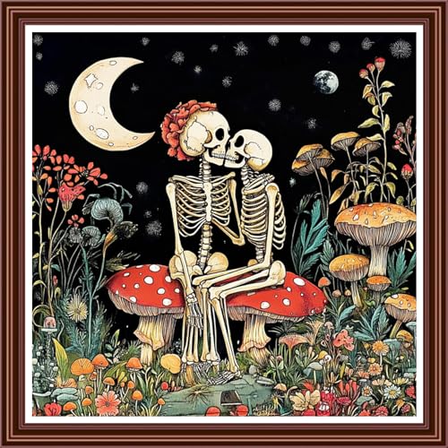 Dimensean Counted Cross Stitch Kit for Beginners, 11CT Unprinted Cross-Stitch Kit Easy Patterns Needlepoint Kit Cross Stitching Embroidery Kit Supplies-Skeleton Couple 18x18 inch - color: ColorDIY09