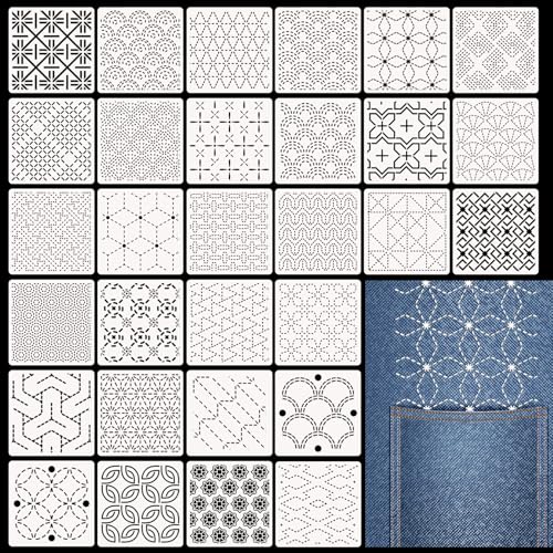 Affrolling 30 Pcs Plastic Sashiko Stencil 4.7 x 4.7 Inch Geometric Sashiko Pattern Template Drawing Line Quilting Stencil Embroidery Pattern Stabilizers for Sewing Hand Quilting and Embroidery - size: 4.7 x 4.7 Inch