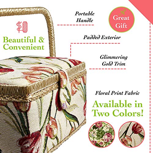 Sewing Basket with Tulip Floral Print Design- Sewing Kit Storage Box with Removable Tray, Built-in Pin Cushion and Interior Pocket - Medium - 11" x 7" x 5.5" - by Adolfo Design - color: Tulip, size: Medium - 11" x 7" x 5.5"