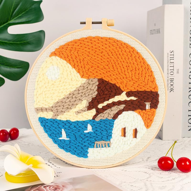Sunset Seaside Punch Needle Kit for Beginners, Crochet Kit for Adult, All-in-One DIY Craft Set with Pre-Printed Fabric, Embroidery Hoop, Threads, Tools, Ideal Craft Gift, Home Decor - color: SUN-SET