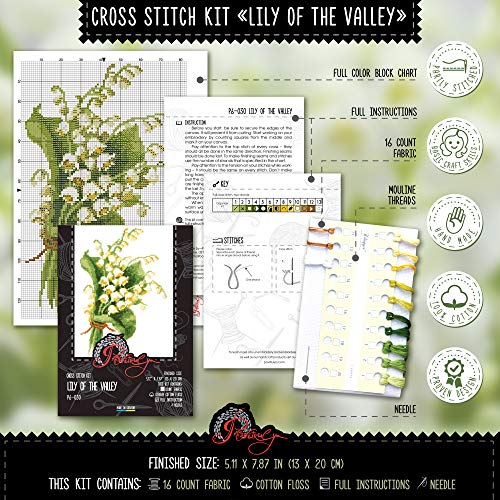 Povitrulya Counted Cross Stitch Kit for Adults 'Lily of The Valley' - Embroidery Set with May Lily Flower Bouquet - color: Lily of the Valley