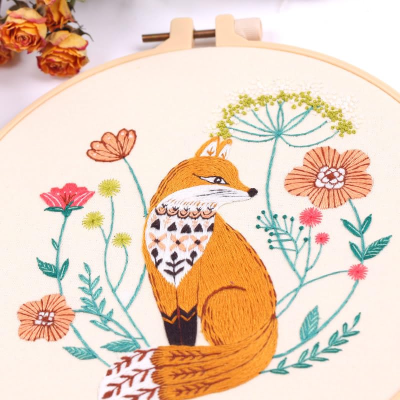 artcici Embroidery Kits Fox Flower Patterns for Beginners Adults, Full Range Embroidery Starter Kits Cross Stitch Needlework Supplies (Fox) - color: Fox
