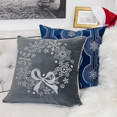 Embroidery Gray Velvet Throw Pillow Cover, Merry Christmas Series Snowflake Floral Wreath Luxury Soft Fuzzy Cozy Warm Slik Gift Square Couch Cushion Pillow Case 20 x 20 Inch, Cover Only - color: Snowflake Wreath