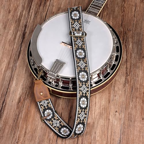 Nefelibata Banjo Strap,2"Wide Double Crazy Horse Leather Jacquard Embroidery Strap Adjustable Replacement,Multi-pattern Strap With Metal Clips - color: A#-retro White Flower