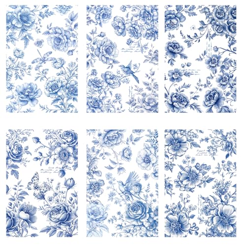 Vintage Floral Rub on Transfer for Crafts - 6 Sheets Blue Chinoiserie Flower Cold Rub on Transfer for Furniture, Retro Butterfly Flowers Stickers Decals for Wood Furniture Canvas Farmhouse Decoration - style: Floral