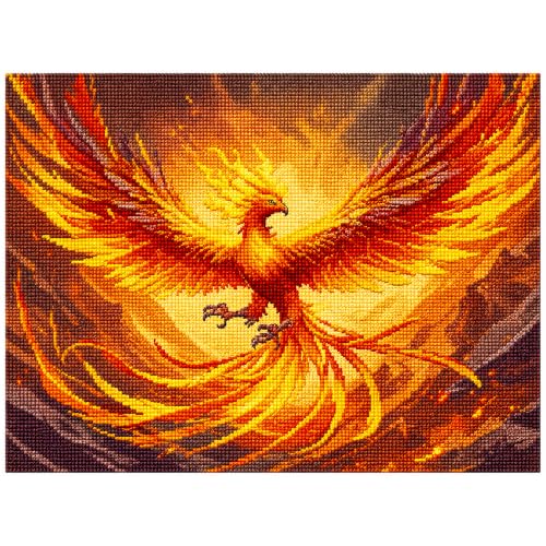 Zhenqing Fire Phoenix Stamped Cross Stitch Kit for Beginners, 11CT Printed Full Coverage Mythical Bird Pattern, 28 x 38 cm DIY Fantasy Embroidery Needlework Set, No Hoop Needed - color: Phoenix Rising in Flame