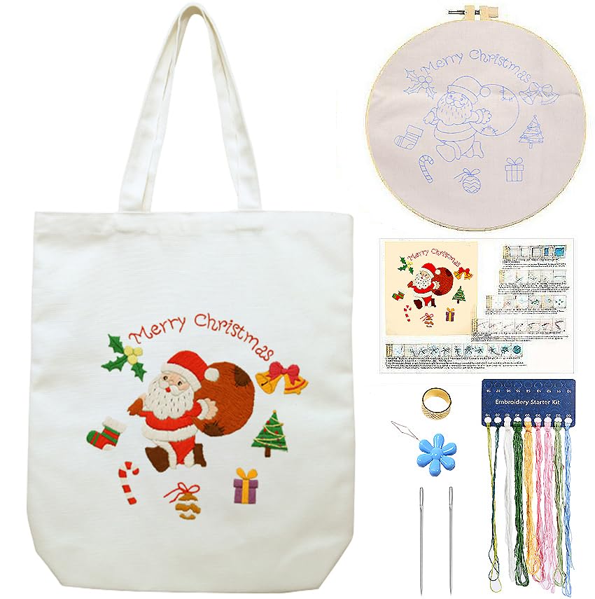 CREAWONDER Canvas Tote Bag Embroidery Kit with Pattern for Beginners, Arts and DIY Embroidery Crafts Kits for Adults, Include Instructions, Thimble, Embroidery Hoops, Color Threads and Tool - color: CR002 SantaClaus beige