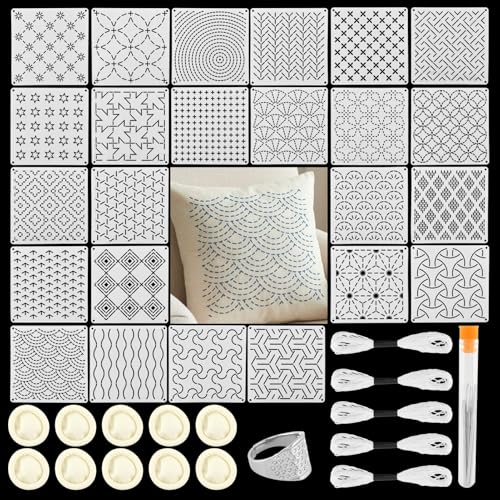 24 Pcs Sashiko Stencils, Plastic Sashiko Template Patterns with Thimble, 9 Needles, Thread, Needle Tube & Finger Cots, Geometric Embroidery Drawing Stencils for Hand Sewing, Washable