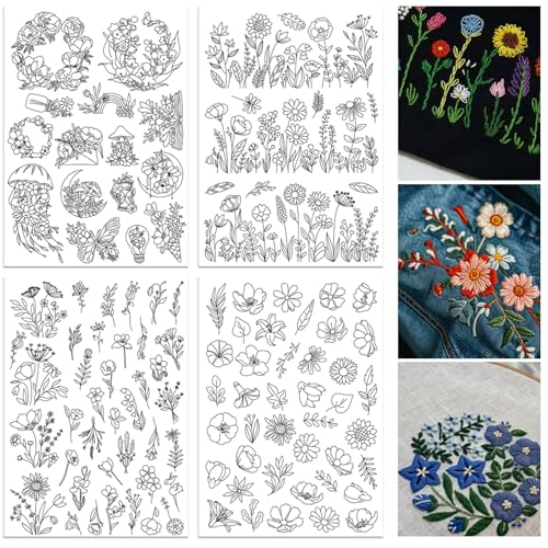 ORIGACH 4 Sheets 105 Pcs Water Soluble Embroidery Patterns Stabilizers - Pre-Printed Floral, Flowering Shrubs & Leaves Designs - Stick & Stitch Embroidery Paper for Hand Sewing Lovers - color: Floral Flowering Shrubs & Leaves
