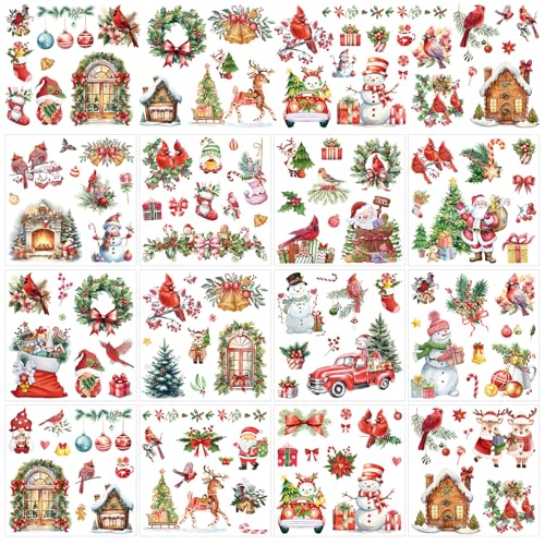 Christmas Rub on Transfers for Crafts - 12 Sheets Xmas Cardinals Rub on Transfers for Furniture Winter Santa Snowman Flower Rub on Transfer Stickers Decal for Wood DIY Craft Office Home Decor - style: Christmas