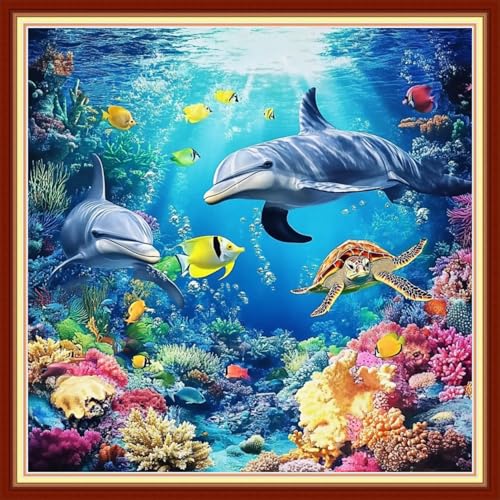 DMCVIVR Stamped Cross Stitch Kits for Beginners Adults Needlepoint Kits for Beginners Embroidery Kits for Adults Crossstitch Kit for Beginners 11CT-Underwater Dolphins, sea Turtles 18x18 inchs - color: ColorNice06