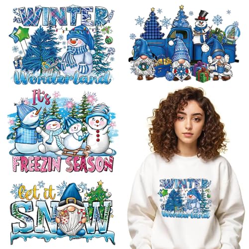 4 Packs Christmas Iron on Patches for Clothing Blue Theme Christmas Iron on Transfer Stickers Cute Snowman Dwarf Car Snowflake Design Ready to Press Decal Heat Transfer Vinyl Appliques for DIY T-Shirt - color: K