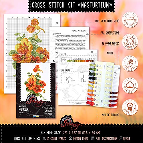 Povitrulya Summer Flowers Cross Stitch Kit 'Nasturtium' - Floral DIY Embroidery Set for Adults with Paper Pattern and Prestored Floss - color: Nasturtium