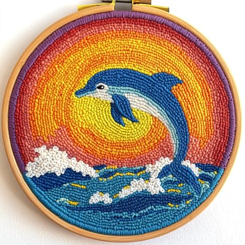 DIY Punch Needle Kits Dolphin Jumping Under Sunset with Hoop 20x20cm-1 - color: 19-Dolphin