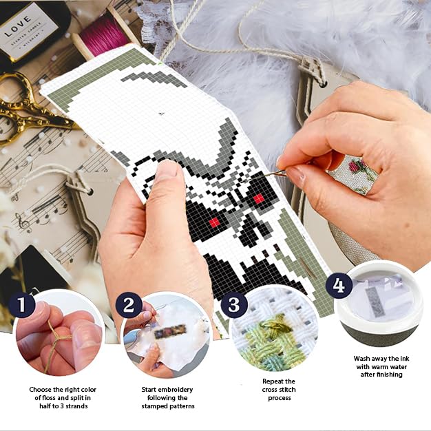 INFUNLY 6PCS Skull Theme Cross Stitch Kit for Beginners 8.5x3 DIY Bookmarks Cross Stitch Kits Black White Horror Embroidery Cross Stitch Kits with Backing Felt Floss Instruction for Book Lovers - style: 6PCS Skull Theme