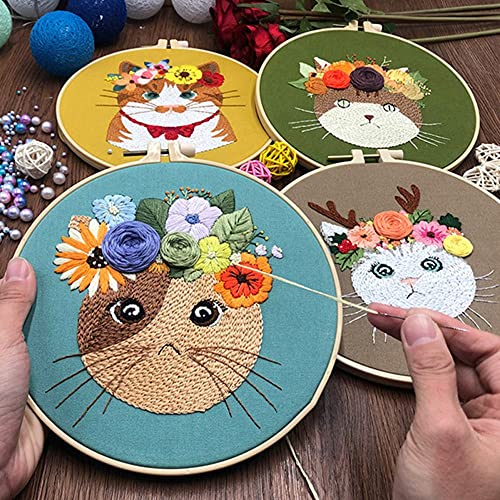 Mozzyyee Embroidery Starter kit, DIY Adult Beginner Embroidery Kits, Including Cloth with Cat Patterns, Colored Threads, Needles, Hoops and Instructions (Blue) - color: Blue