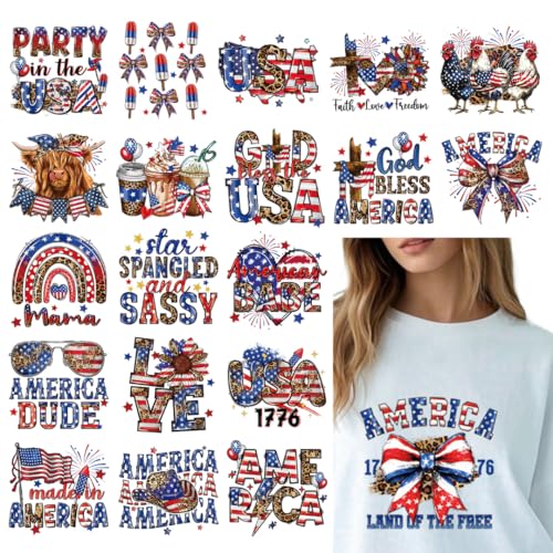 Dtf Transfers Ready to Press - 20Pcs American Flag Iron on Transfers for Tshirts, Independence Day Patriotic Iron on Decals Patches, 4th of July USA Heat Transfer for DIY Clothing Pillows Bag - color: American Flag422