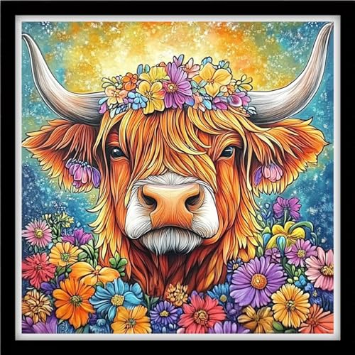 Fanxvivy Counted Cross Stitch Kits for Adults 11CT Unprinted Cross-Stitch Patterns Embroidery Kits Easy Cross Stitching Needlepoint Kits&Colorful Cow Flowers 18x18 inch - color: DIY-craft18