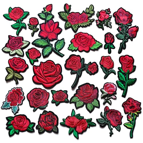 25pcs Rose Iron on Patches, Assorted Sizes Red Floral Embroidered Patches Applique for Clothes Hats Jeans Jacket - color: Red Rose