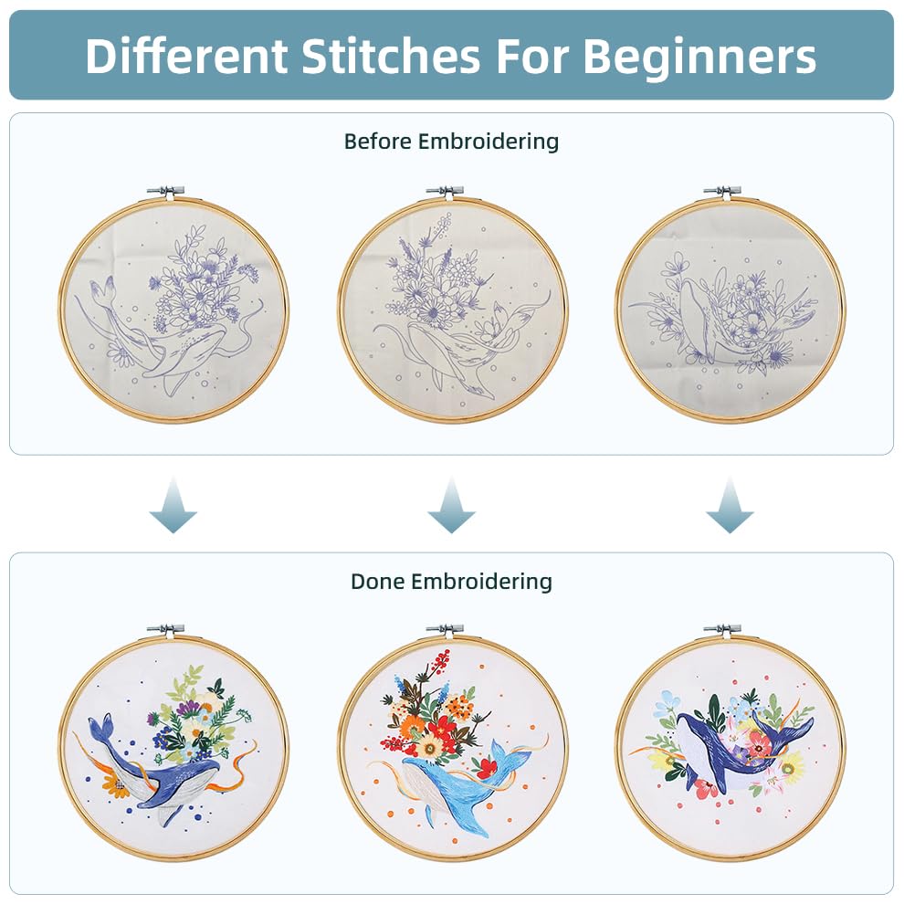 KEKEMEOW 3 Sets Embroidery Kit for Beginners, Stitches with Whale and Flowers, Embroidery Stitch Practice kit for Adults Craft Lover, Cross Stitch Kit with Pattern、Instruction、Hoop - color: whale