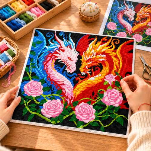 Zhenqing Twin Dragon Heart Stamped Cross Stitch Kit for Beginners, 11CT Printed Full Coverage Fire and Ice Dragon with Roses Pattern, 38 x 38 cm DIY Fantasy Embroidery Needlework Set, No Hoop Needed - color: Fire & Ice Dragon Heart