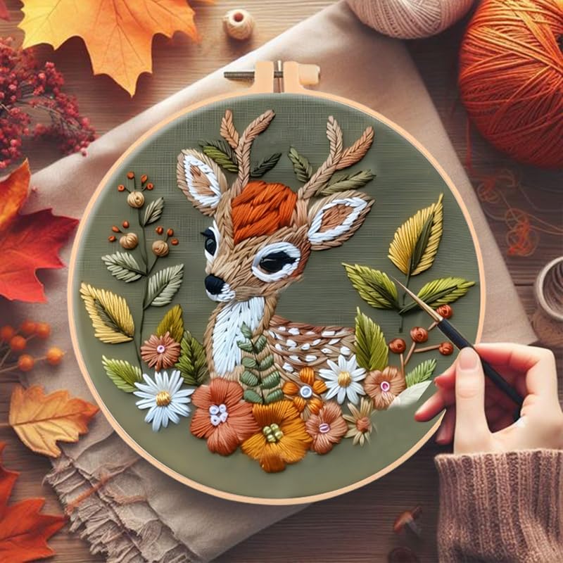 Huacan Embroidery Kits for Adults Beginner DIY Cross Stitch Stamped Christmas Pattern Stitching Deer Sewing Kit 1 Piece 7.8 x 7.8 Inch - color: Christmas Deer