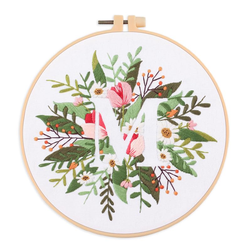 Amiiba Embroidery Starter Kit with Letter M Pattern, DIY Full Range Stamped Embroidery Cross Stitch Kits for Beginners Adults (Letter M) - color: Letter M