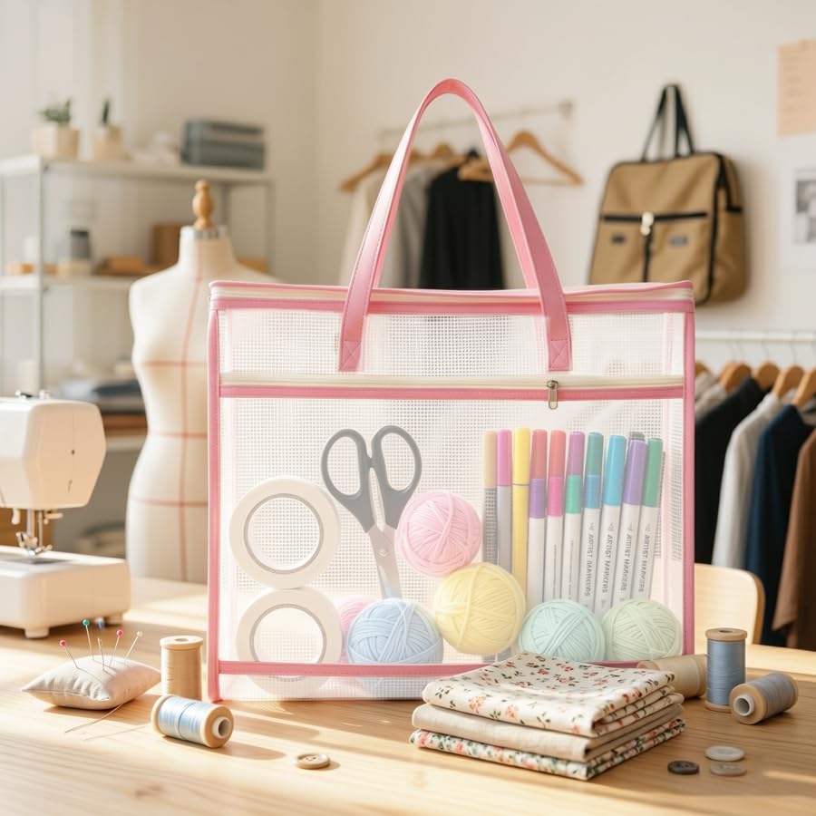5 Pcs Project Bags for Quilting & Needlepoint - A3 Large Sewing Organizer Craft Storage with Handles, Clear Mesh Zipper Pouch for Embroidery, Cross Stitch, Crochet, WIP Projects & Artworks