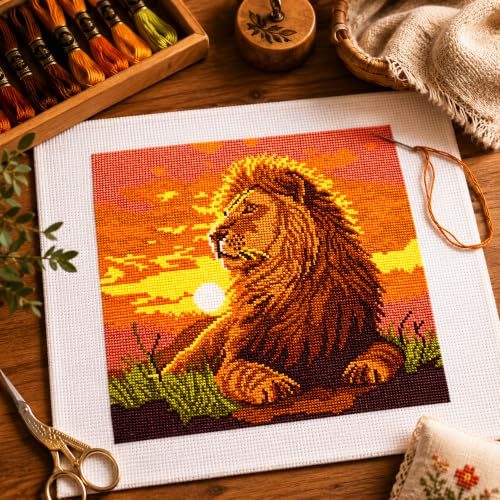 Zhenqing Majestic Lion Stamped Cross Stitch Kit for Beginners, 11CT Printed Full Coverage Sunset Wildlife Animal Pattern, 38 x 38 cm DIY Embroidery Needlework Set, No Hoop Needed - color: Majestic Lion