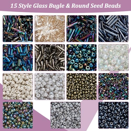 PH PandaHall 5177pcs Black Seed Beads 15 Styles Glass Bugle Beads Small Mini Beads Twisted Beads Waist Beads Friendship Craft Beads for Friendship Bracelet Making Beading Weaving 2/3/4mm - color: Blue Black