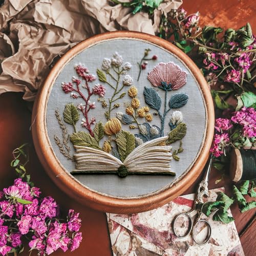 FONNUY Embroidery Kit for Beginners, Flower Book Pre-Stamped Pattern Kits for Adults with Hoop, Cross Stitch Easy to Follow Color Thread Needlework, 8'' Hoop (Green) - color: Green
