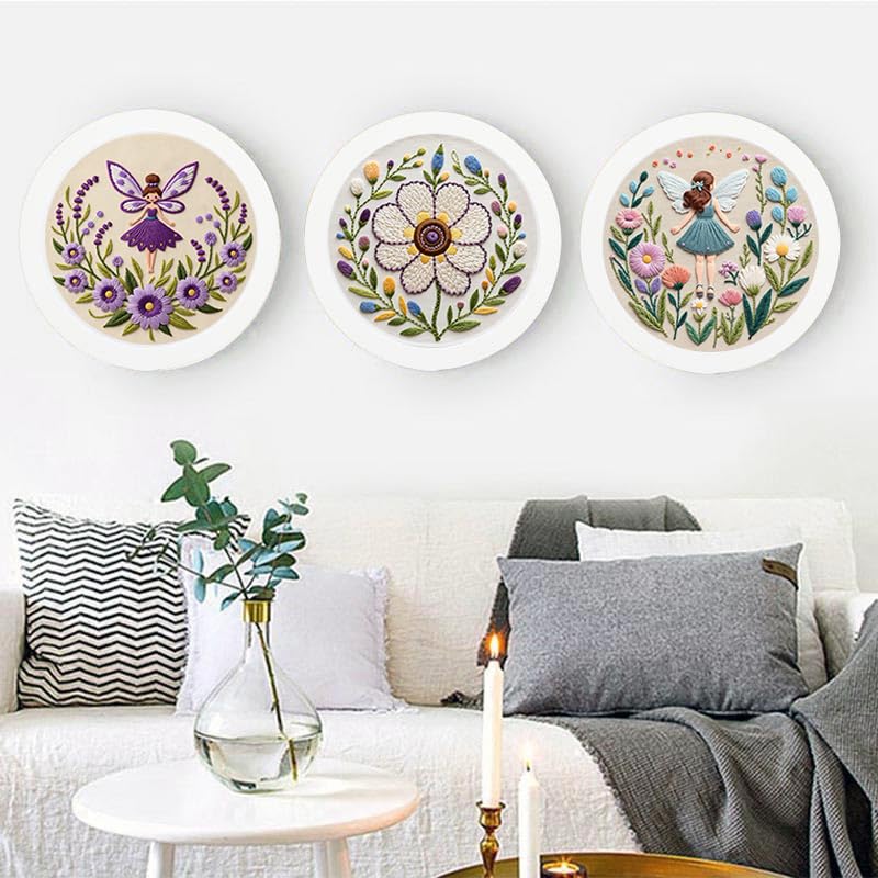 Konrisa Embroidery Kits for Adults, 3pcs Elf Flower Fairy Floral Embroidery Starter Kit DIY Sewing Practice with Hoop,Needlepoint Cross Stitch Kit - color: flower fairy
