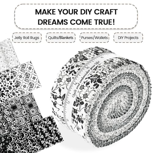 Craftido-20 Options-100% Cotton Jelly Roll Fabric Precut Strips for Quilting, Crafting, and Sewing, 40 Strips 2.5" x 44" Assorted Bundles for Rug, Quilt, DIY Craft and Home Decor-Black & White Flower - color: Black & White Flower