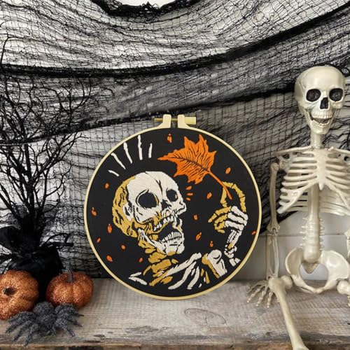 Crafmanoe Halloween Gothic Embroidery Starter Kit for Beginners Adults, Skull Skeleton Stamped Cross Stitch Kits for Beginners Adults, Funny Fall Hand Embroidery Needlepoint Kits with Video Tutorial - color: H833, size: 8Inch