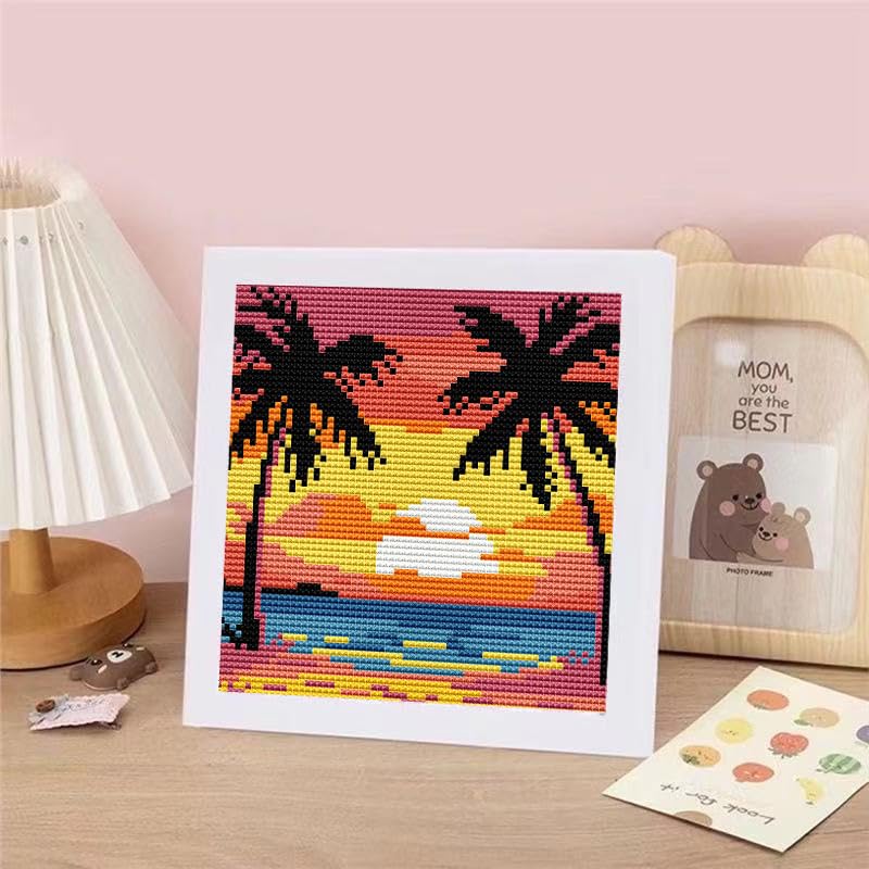 Beach Scenery Stamped Cross Stitch Kits for Adults Beginners with Frame - color: Beach Scenery Cross Stitch with Frame