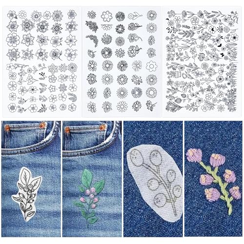 Yayatty Water Soluble Stabilizer for Embroidery, 179PCS Water Soluble Embroidery Patterns Stick and Stitch Embroidery Paper with Pre-Printed Flower Patterns Adhesive Hand Sewing Stabilizers for Sewing - color: Style C