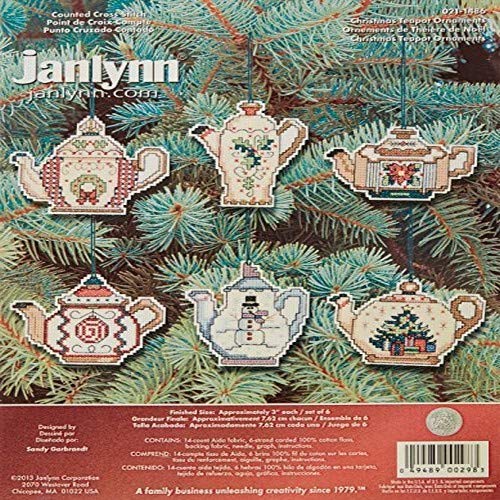 Christmas Teapot Ornaments Counted Cross Stitch Kit, 3-Inch, Set of 6