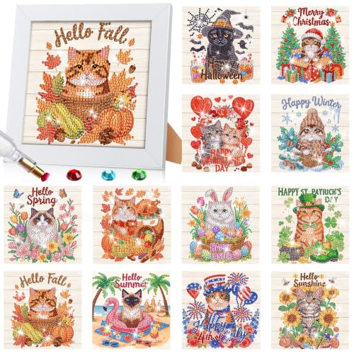 Trandraft 13 Pcs Cat Holiday Small Diamond Art Kits for Adults Craft - style: Cat Style