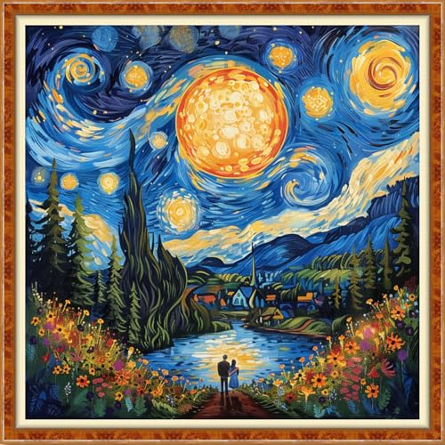 Funchey Counted Cross Stitch Kits for Adults Needlepoint Kits Unprinted Cross Stitching Embroidery Kit 11CT Cross Stitch Supplies-Van Gogh Starry Sky Couple 18x18 inch - color: Artcolor05