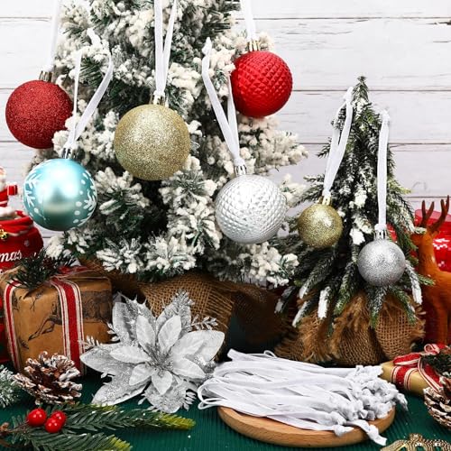 JUNEBRUSHS 120Pcs Silver Velvet Christmas Ornament Ribbon Hangers, Hand Tied Christmas String Ribbon Loops for Ornament Hanging Tree Hanging Decorations - color: Silver