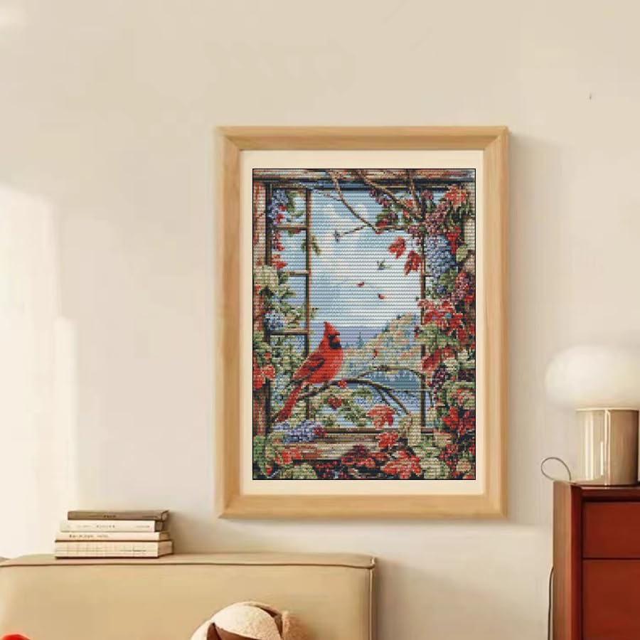 Red Cardinal Bird Perched on Window DIY 11CT Stamped Cross Stitch Kits for Beginners Easy Needlepoint Embroidery Counted Cross Stitch Art Craft for Wall Decoration 16x20inch(2)