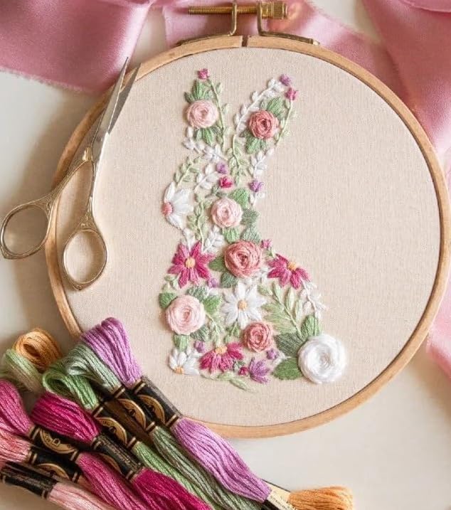 YOUDRN Bunny in Bloom Embroidery Kit for Beginners, Bunny Embroidery - color: Bunny