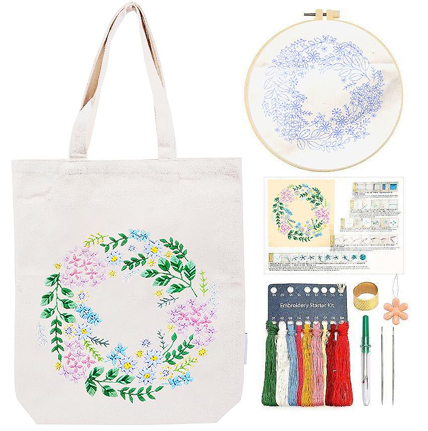 CREAWONDER Canvas Tote Bag Embroidery Kit with Pattern for Beginners, Arts and DIY Embroidery Crafts Kits for Adults, Include Instructions, Thimble, Embroidery Hoops, Color Threads and Tool - color: CR002 huafanyunyu