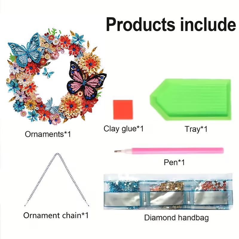 STGLCR Butterfly Diamond Art Hanging Kit for Adult Wreath, DIY Acrylic Flowers Diamonds Painting Double Sided Ornament Pendant Board Kit Floral Diamond Painting Art for Christmas Decro 9.4inch - color: 75-Butterfly Flowers Wreath