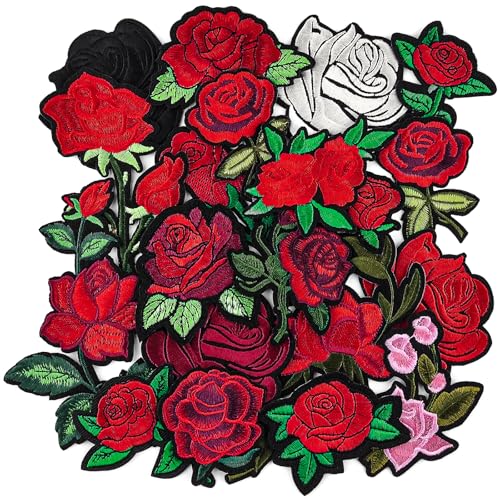 20pcs Rose Iron on Patches Flower Embroidery Patches Applique Valentines Patches for Clothes Hats Jeans Jacket - color: red
