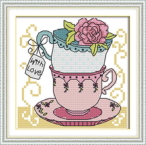 Howie's Needlepoint Cross Stitch Kits, 11CT Pre-Printed Pattern Needlepoint Kits, Full Range of Stamped Starter Kits (Teacup Two, 7.1 x 7.1 Inch) - color: Teacup Two